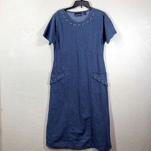 Zoey & Beth Jean Dress Maxi Blue Embroidered Flowers M Pullover Short Sleeve